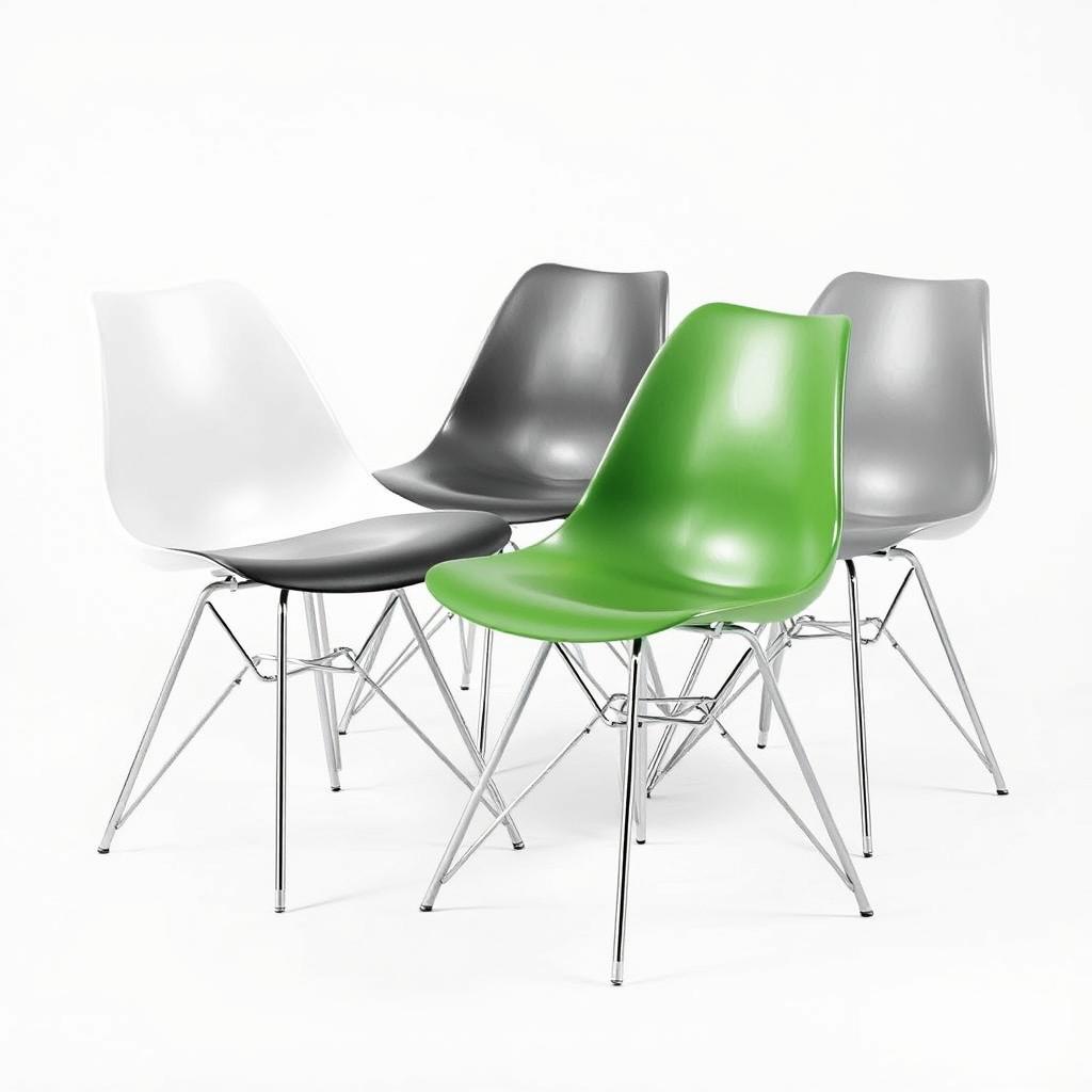 Set 4 eetkamerstoelen van kunststof en metaal in moderne stijl Set 4 eetkamerstoelen van kunststof en metaal in moderne stijl