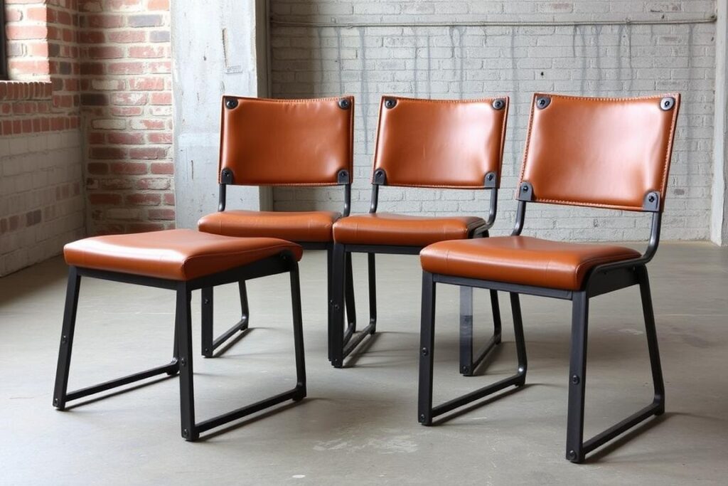 Set 4 industriële eetkamerstoelen met metaal en cognac kunstleer Set 4 industriële eetkamerstoelen met metaal en cognac kunstleer