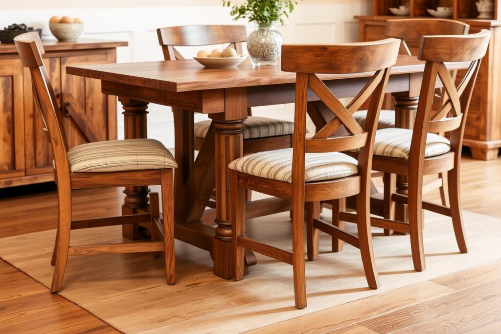 Set 4 landelijke eetkamerstoelen met houten frame en stoffen bekleding Set 4 landelijke eetkamerstoelen met houten frame en stoffen bekleding