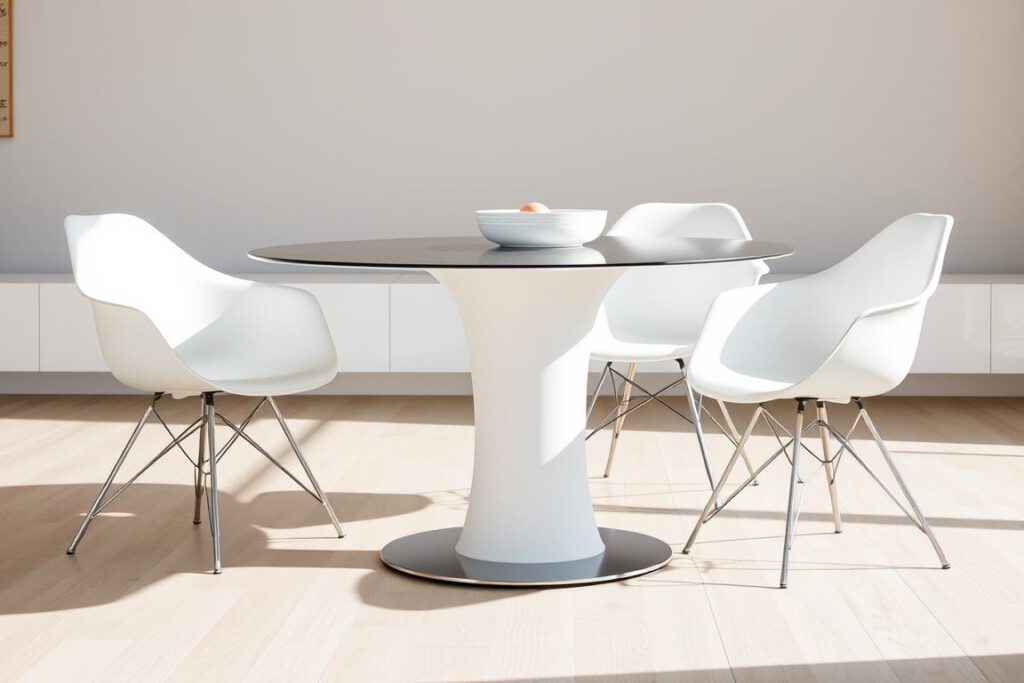 Set 4 moderne eetkamerstoelen met strakke lijnen en neutrale kleuren Set 4 moderne eetkamerstoelen met strakke lijnen en neutrale kleuren