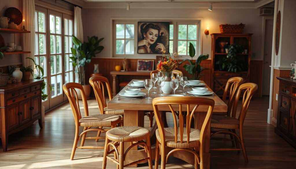 Sfeervolle eetkamer met houten tafel en eetkamerstoelen met rieten zitting Sfeervolle eetkamer met houten tafel en eetkamerstoelen met rieten zitting