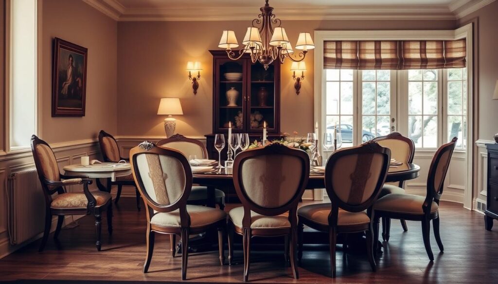 Sfeervolle eetkamer met prachtige klassieke eetkamerstoelen rond een gedekte tafel Sfeervolle eetkamer met prachtige klassieke eetkamerstoelen rond een gedekte tafel