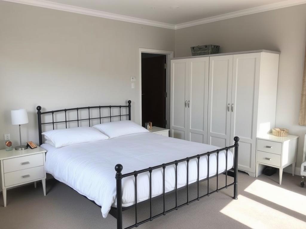 Slaapkamer met bed, nachtkastjes en kledingkast die het gemiddeld uit aan meubels voor deze ruimte weergeeft Slaapkamer met bed, nachtkastjes en kledingkast die het gemiddeld uit aan meubels voor deze ruimte weergeeft