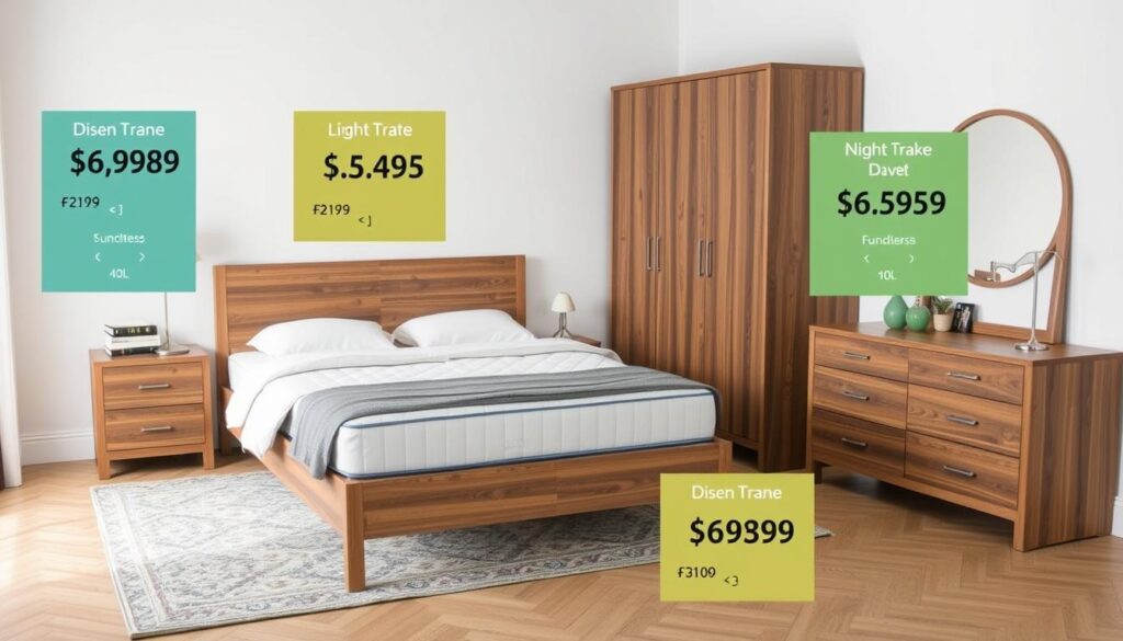 Slaapkamer met verschillende prijsklassen van meubels aangegeven Slaapkamer met verschillende prijsklassen van meubels aangegeven