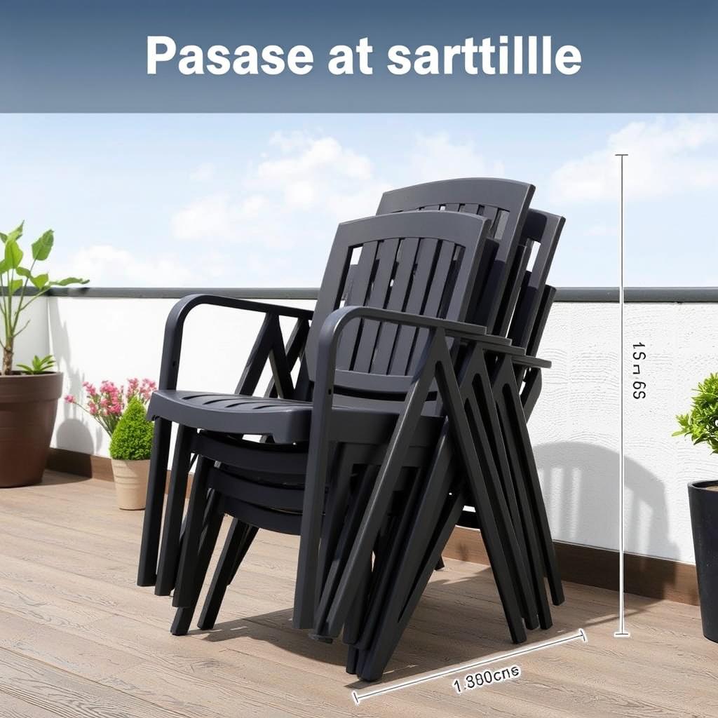 Stapelbare tuinstoelen die ruimte besparen met aanduiding van tuinstoel breedte Stapelbare tuinstoelen die ruimte besparen met aanduiding van tuinstoel breedte