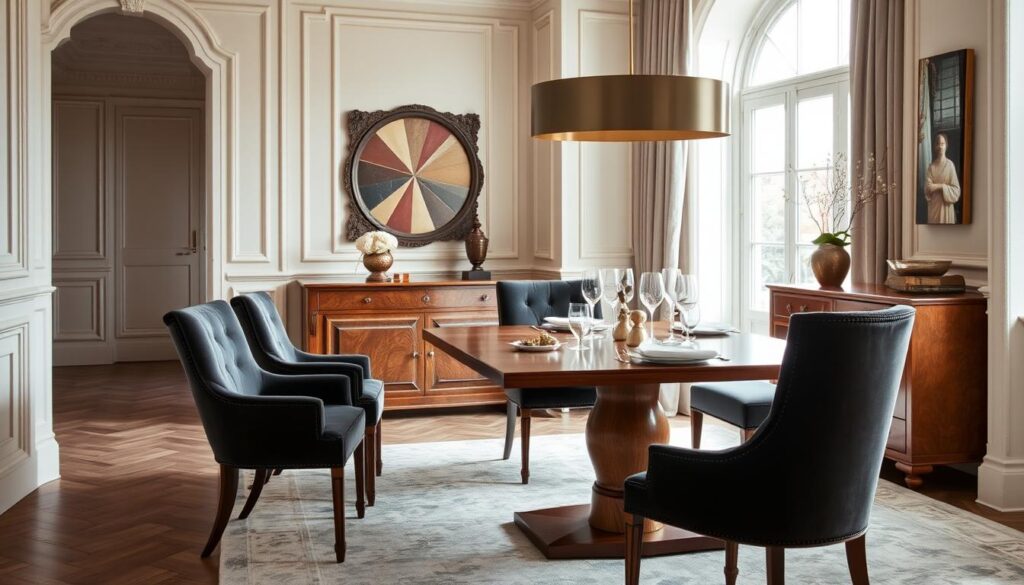Stijlvol ingerichte eetkamer met luxe eetkamerstoelen en bijpassende tafel en accessoires Stijlvol ingerichte eetkamer met luxe eetkamerstoelen en bijpassende tafel en accessoires