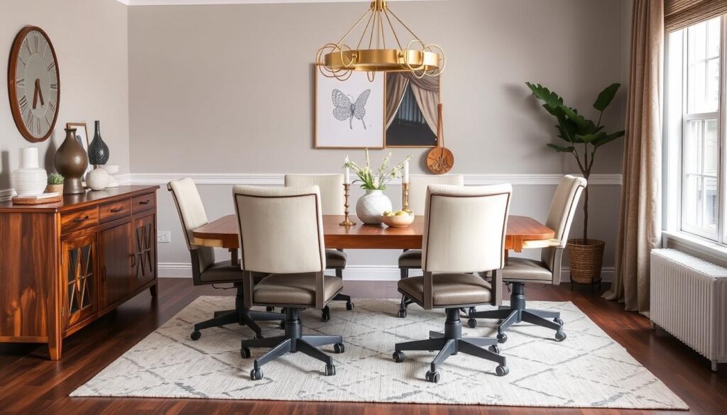 Stijlvolle eetkamer met eetkamerstoelen op wieltjes rond een houten tafel Stijlvolle eetkamer met eetkamerstoelen op wieltjes rond een houten tafel