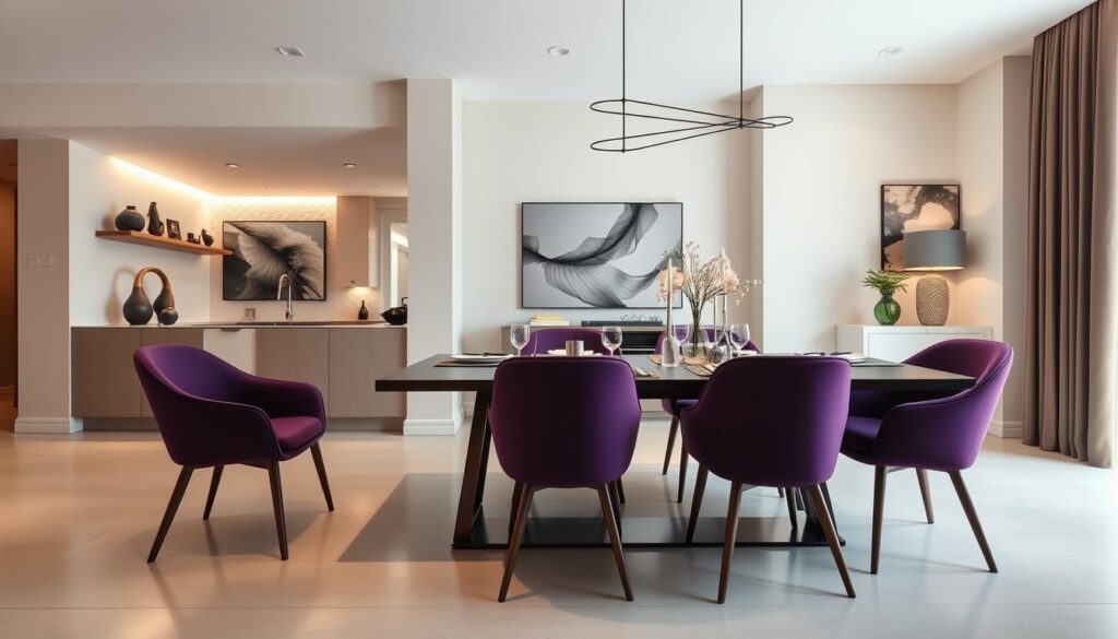 Stijlvolle eetkamer met paarse eetkamerstoelen