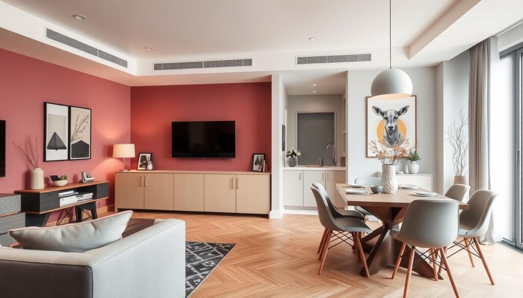 Stijlvolle kleine woonkamer met eettafel in harmonieuze kleuren Stijlvolle kleine woonkamer met eettafel in harmonieuze kleuren