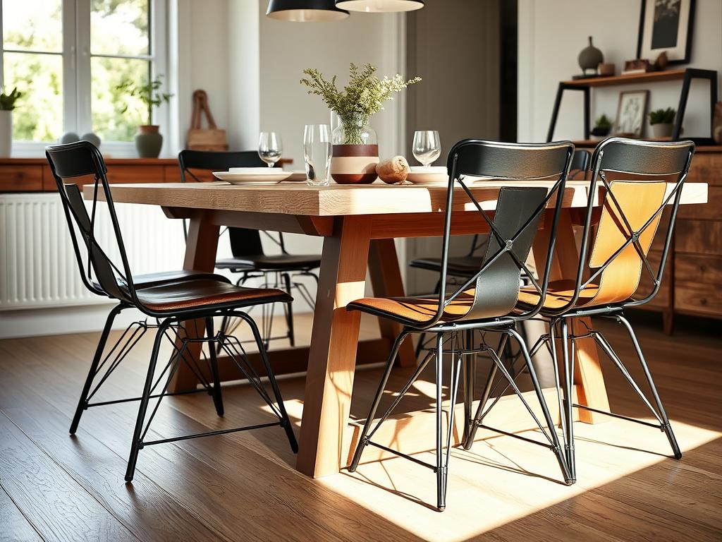 Stoere eetkamerstoelen in een industrieel interieur rond een houten eettafel