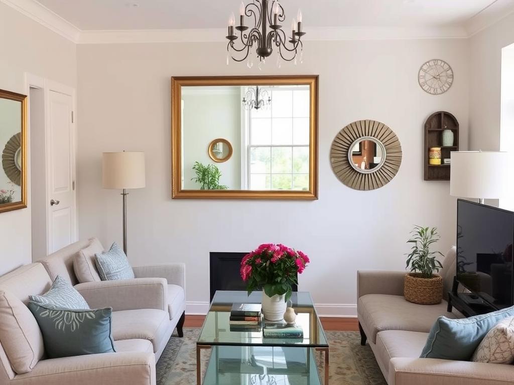 Strategisch geplaatste spiegels in een kleine woonkamer met meubels Strategisch geplaatste spiegels in een kleine woonkamer met meubels