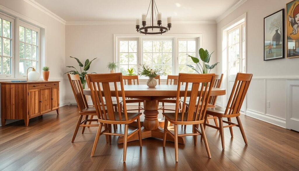 Teakhouten stoelen in een lichte eetkamer tonen de natuurlijke houtnerf en warme uitstraling