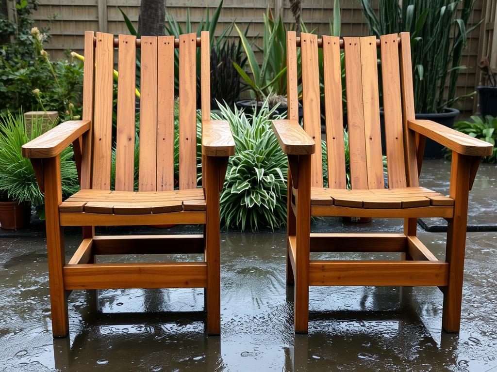 Teakhouten tuinstoelen in een regenachtige tuin die de weerbestendigheid demonstreren Teakhouten tuinstoelen in een regenachtige tuin die de weerbestendigheid demonstreren