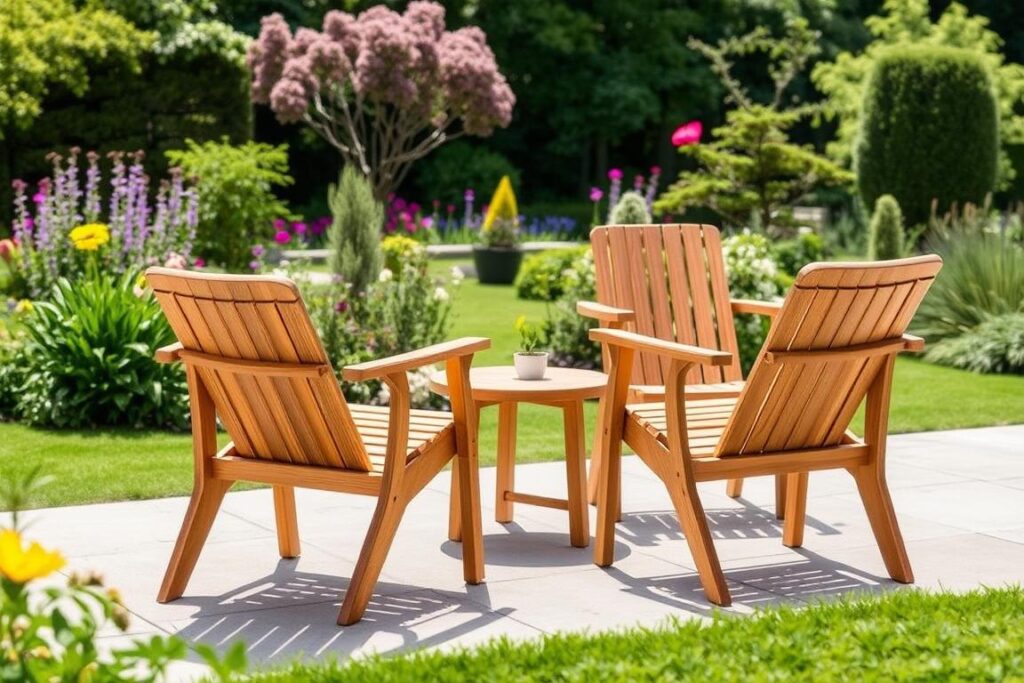 Teakhouten tuinstoelen op een terras met uitzicht op een tuin Teakhouten tuinstoelen op een terras met uitzicht op een tuin
