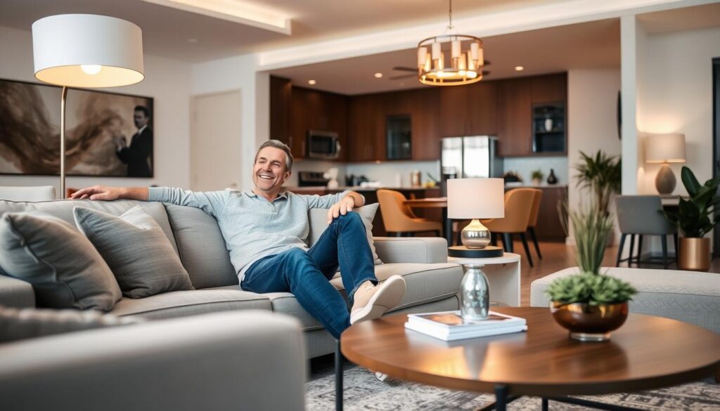 Tevreden klant in woonkamer met beste kwaliteit meubels Tevreden klant in woonkamer met beste kwaliteit meubels