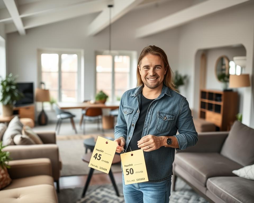 Tevreden klant met nieuwe meubels gekocht tijdens uitverkoop