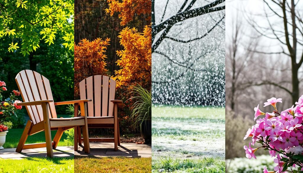 Tuinstoelen die buiten blijven staan in verschillende weersomstandigheden Tuinstoelen die buiten blijven staan in verschillende weersomstandigheden