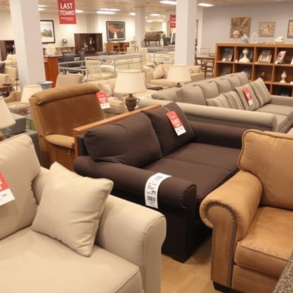 Uitlopende meubelmodellen met kortingslabels in een meubelwinkel Uitlopende meubelmodellen met kortingslabels in een meubelwinkel