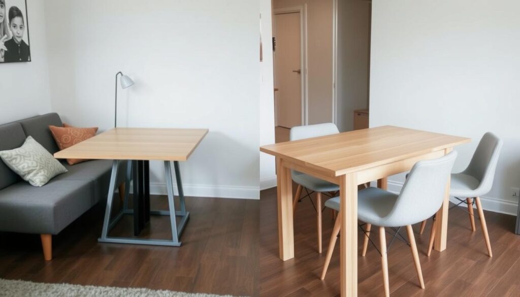 Uitschuifbare eettafel in kleine woonkamer, zowel ingeklapt als uitgeklapt getoond Uitschuifbare eettafel in kleine woonkamer, zowel ingeklapt als uitgeklapt getoond