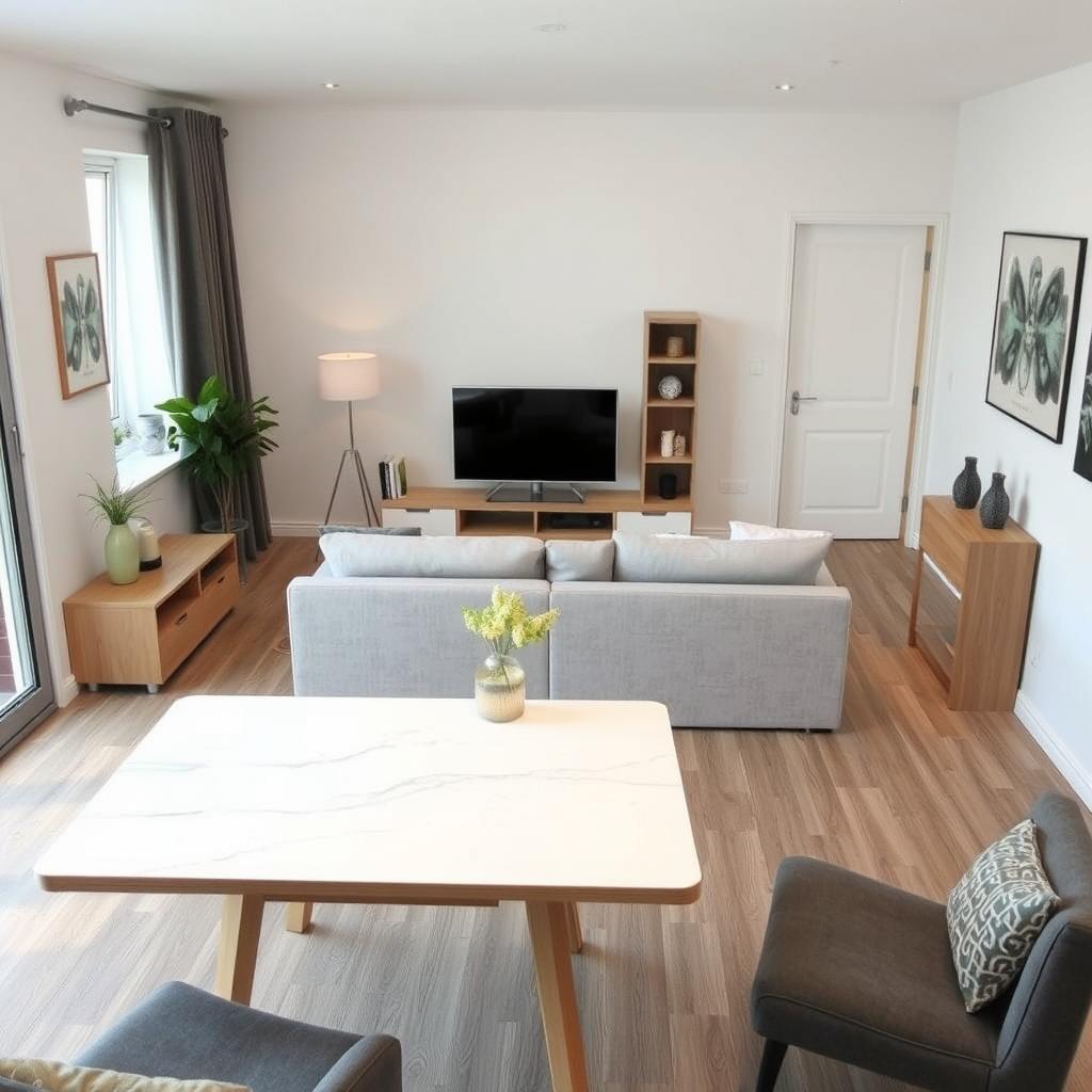 Uitschuifbare eettafel in kleine woonkamer, zowel ingeklapt als uitgeklapt Uitschuifbare eettafel in kleine woonkamer, zowel ingeklapt als uitgeklapt