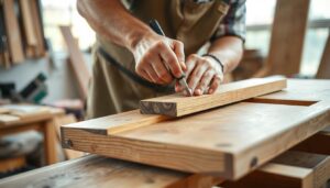 Vakman die zorgvuldig een houten meubel vervaardigt, voorbeeld van hoogwaardige ambacht bij een goed merk meubels