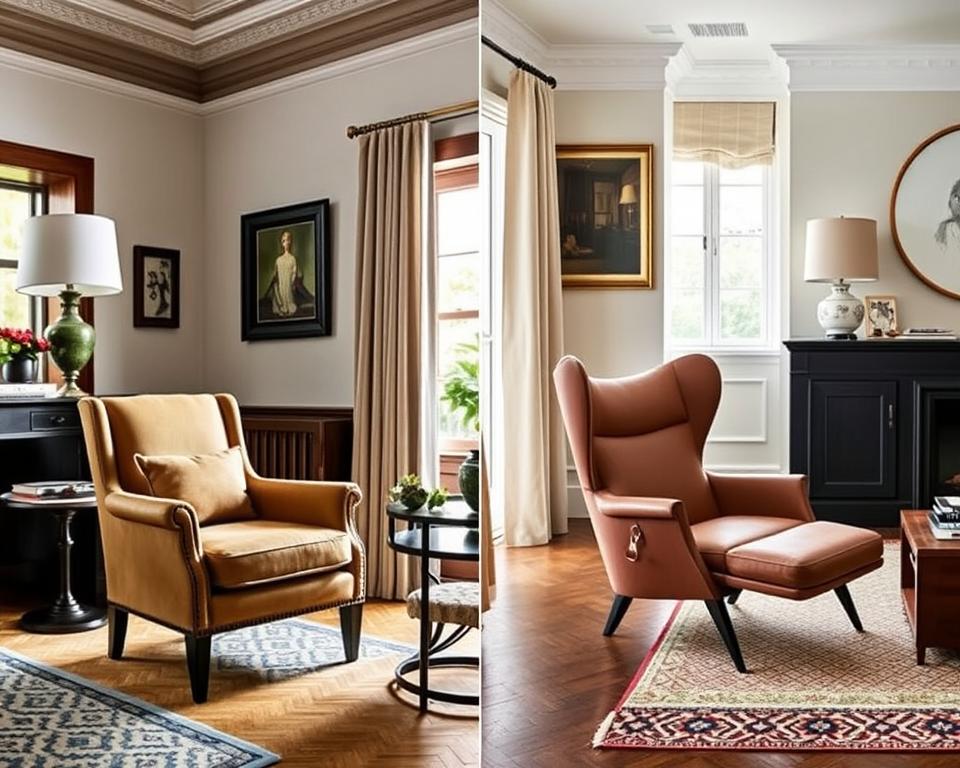 Vergelijking van een fauteuil en loungestoel in verschillende interieurstijlen Vergelijking van een fauteuil en loungestoel in verschillende interieurstijlen
