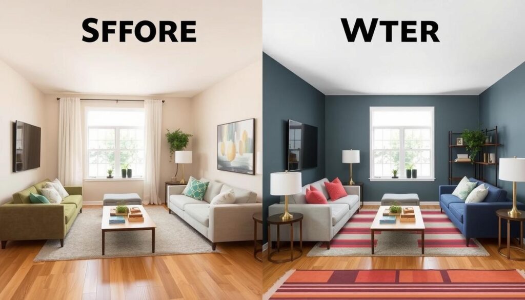 Vergelijking van goede en slechte kleurkeuzes in een kleine woonkamer Vergelijking van goede en slechte kleurkeuzes in een kleine woonkamer