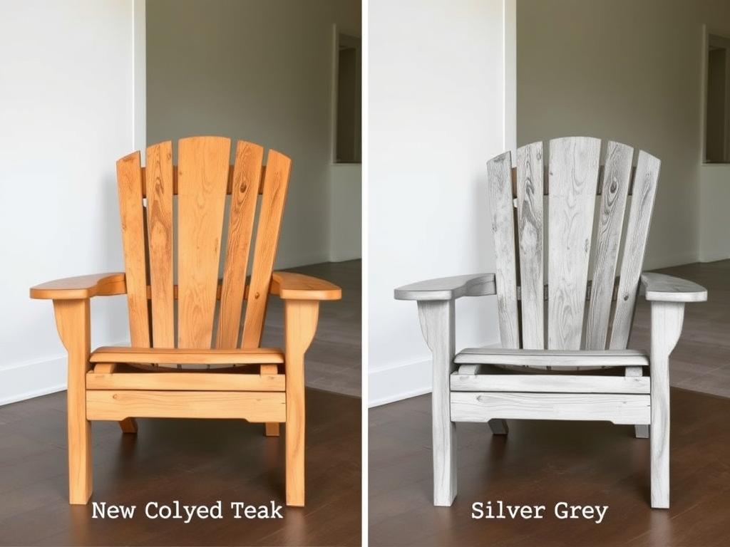 Vergelijking van nieuwe teakhouten stoelen en verweerde exemplaren met zilvergrijze patina Vergelijking van nieuwe teakhouten stoelen en verweerde exemplaren met zilvergrijze patina