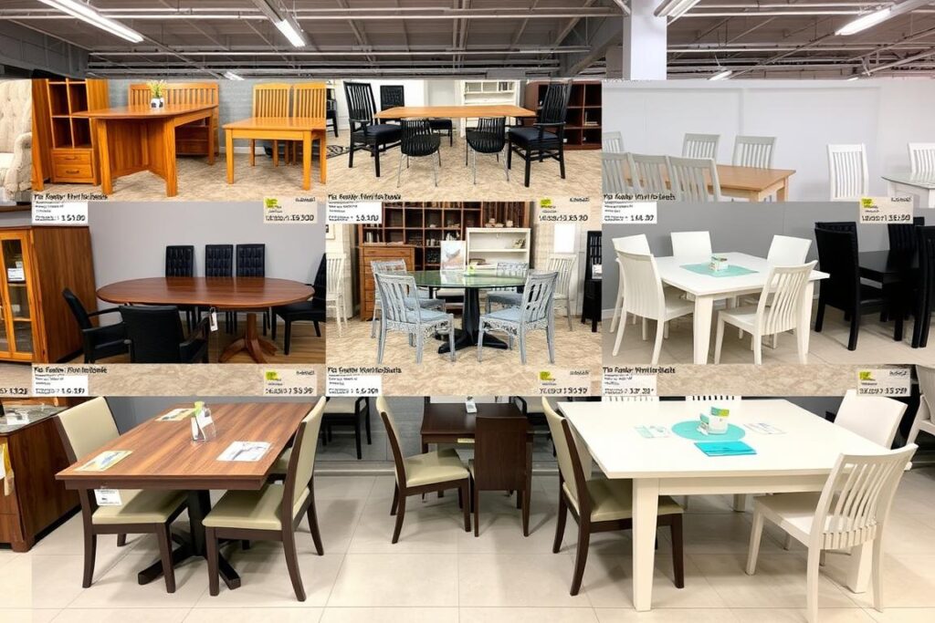 Verschillende eetkamertafels en stoelen met prijskaartjes die de gemiddelde prijs meubels tonen Verschillende eetkamertafels en stoelen met prijskaartjes die de gemiddelde prijs meubels tonen