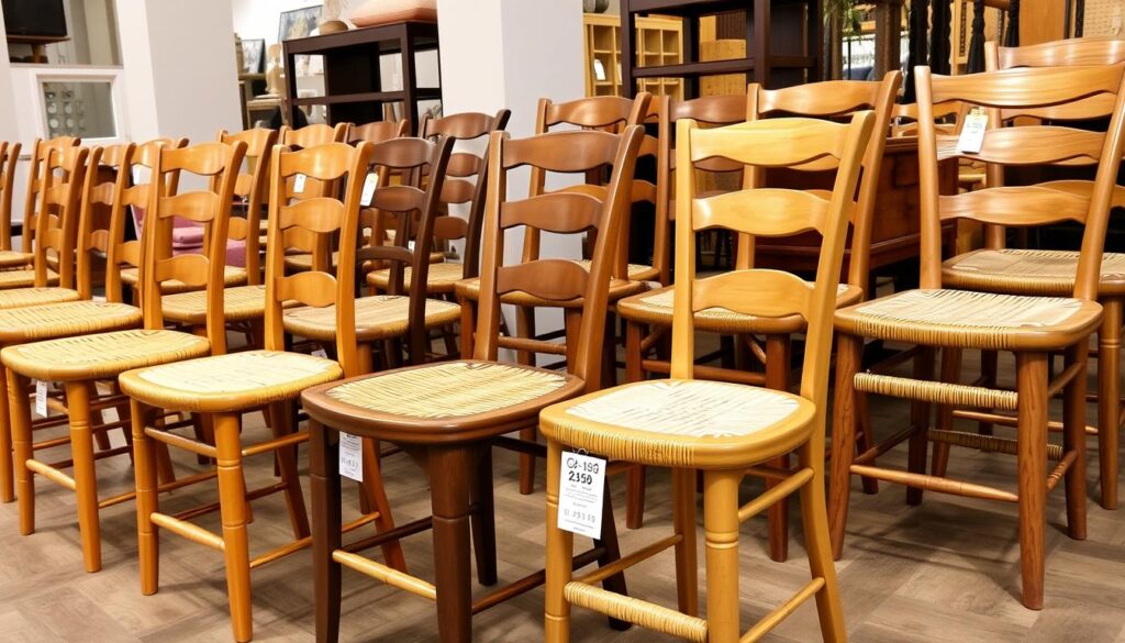 Verschillende houten eetkamerstoelen met rieten zitting in een showroom Verschillende houten eetkamerstoelen met rieten zitting in een showroom