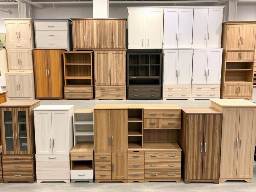 Verschillende kasten en opbergmeubelen in een showroom Verschillende kasten en opbergmeubelen in een showroom