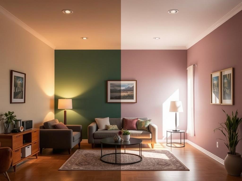 Verschillende lichtbronnen en hun effect op wandkleur in een kleine woonkamer Verschillende lichtbronnen en hun effect op wandkleur in een kleine woonkamer