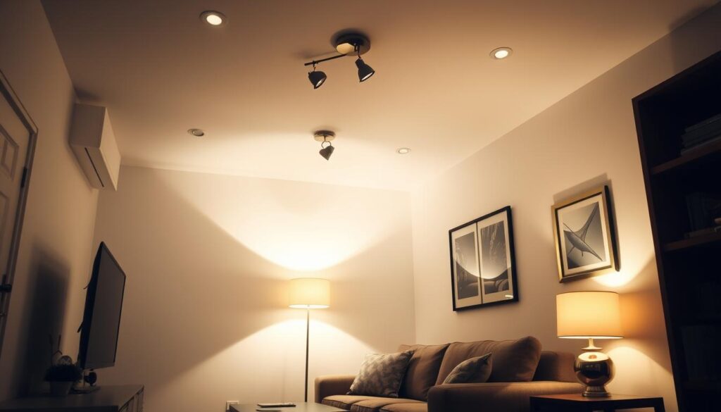 Verschillende lichtbronnen in een kleine woonkamer voor een ruimtelijk effect Verschillende lichtbronnen in een kleine woonkamer voor een ruimtelijk effect