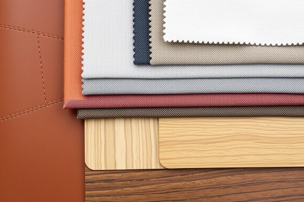 Verschillende materialen gebruikt in loungestoelen: leer, stof en hout Verschillende materialen gebruikt in loungestoelen: leer, stof en hout