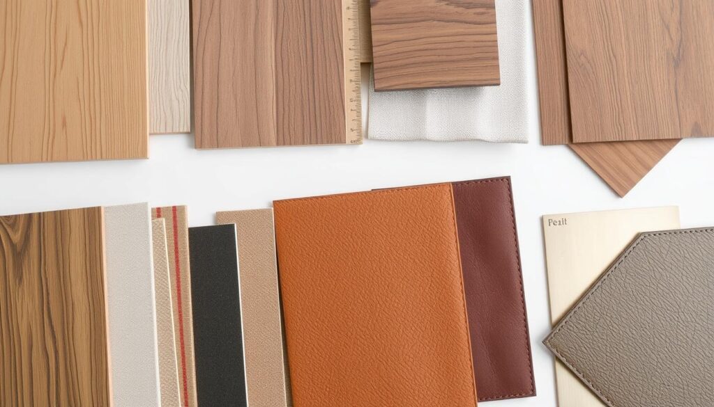 Verschillende materialen voor meubels kopen: hout, stof en metaal samples