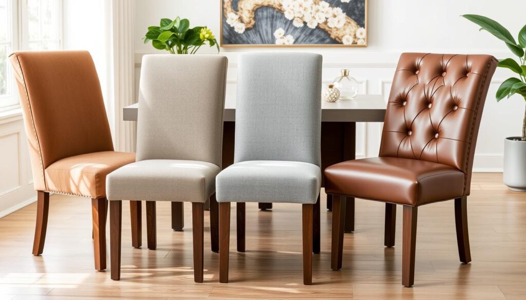 Verschillende materialen voor zachte eetkamerstoelen naast elkaar getoond
