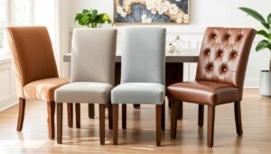 Verschillende materialen voor zachte eetkamerstoelen naast elkaar getoond
