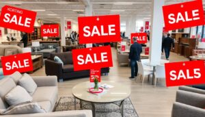 Een showroom vol banken, eetkamerstoelen en tafels, met overal felrode SALE-borden - perfect voor de goedkoopste maand meubels kopen. Winkelend publiek bekijkt de voorraad leverbaar meubilair.