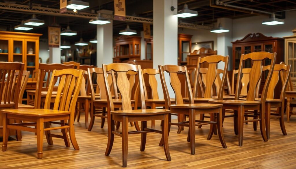 Verschillende modellen hardhouten eetkamerstoelen in een showroom Verschillende modellen hardhouten eetkamerstoelen in een showroom