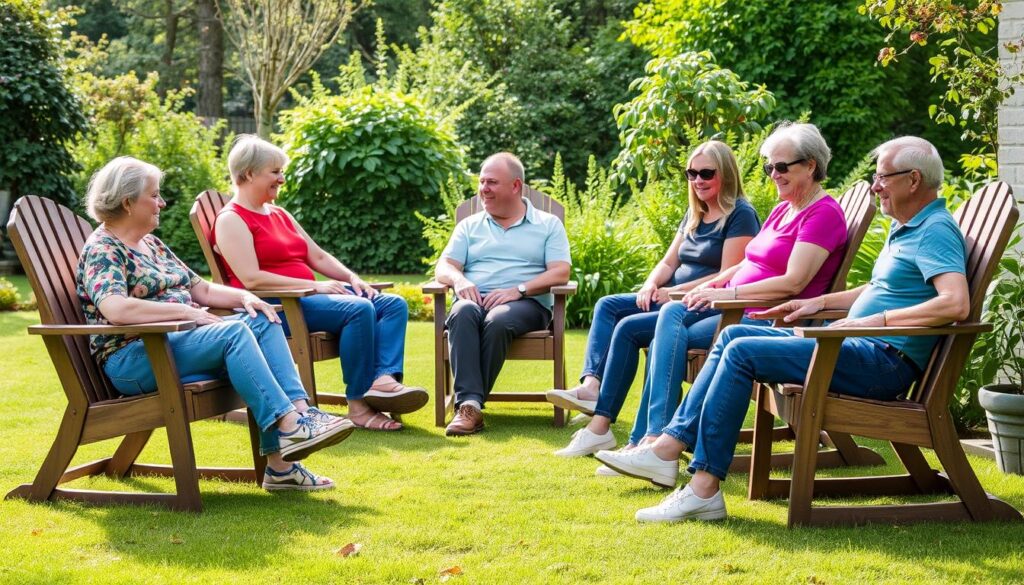 Verschillende personen die comfortabel zitten op tuinstoelen van verschillende breedtes Verschillende personen die comfortabel zitten op tuinstoelen van verschillende breedtes