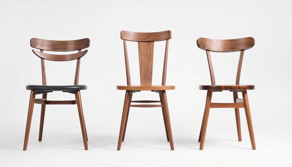 Verschillende stijlen eetkamerstoelen walnoot hout naast elkaar Verschillende stijlen eetkamerstoelen walnoot hout naast elkaar