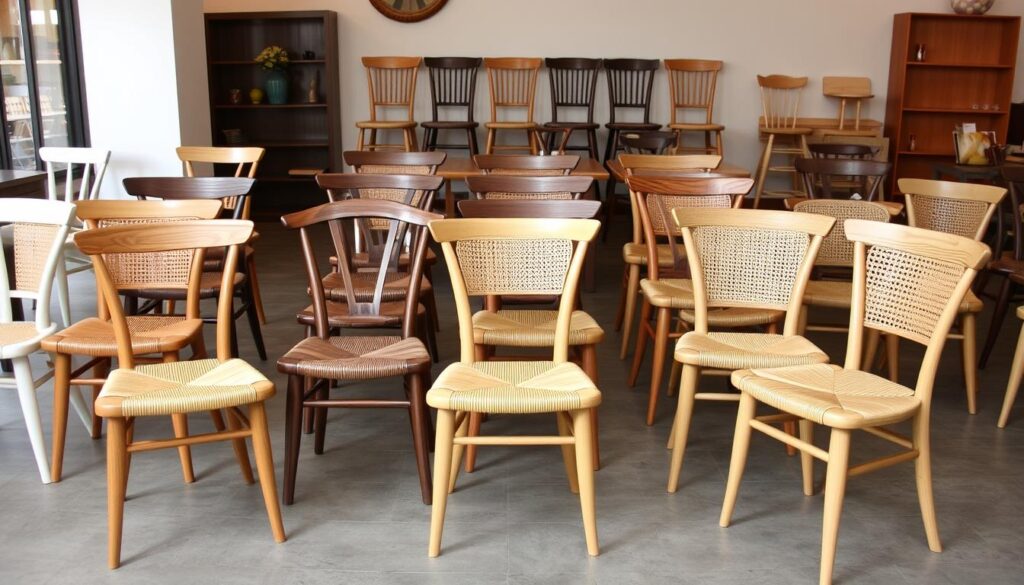 Verschillende stijlen houten eetkamerstoelen met rieten zitting Verschillende stijlen houten eetkamerstoelen met rieten zitting