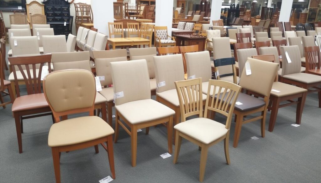 Verschillende stijlen houten stoelen eetkamer in een showroom Verschillende stijlen houten stoelen eetkamer in een showroom