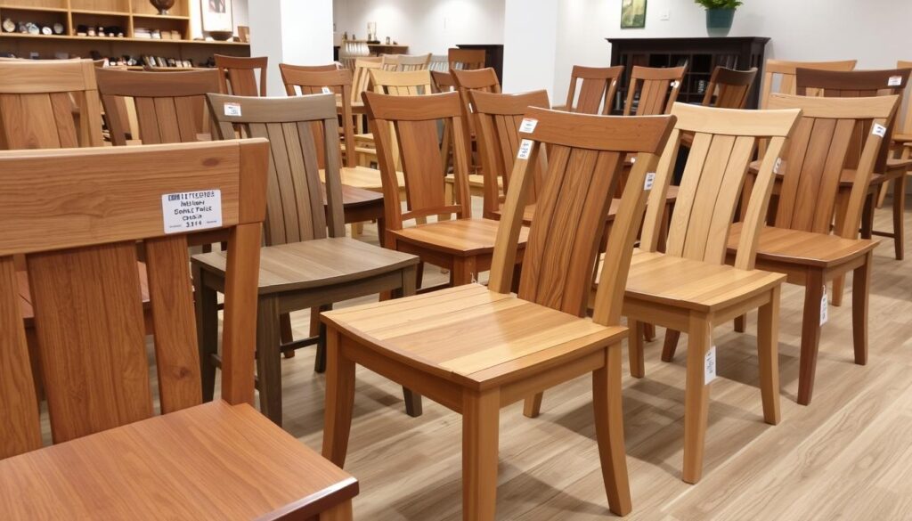 Verschillende teakhouten stoelen in een showroom met kwaliteitslabels Verschillende teakhouten stoelen in een showroom met kwaliteitslabels