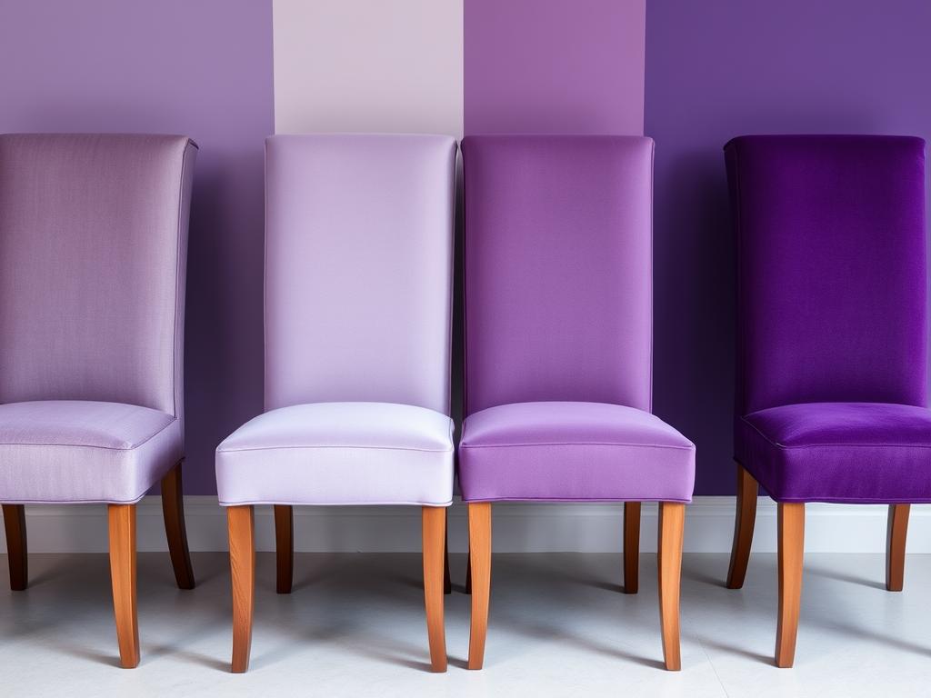 Verschillende tinten paarse eetkamerstoelen naast elkaar