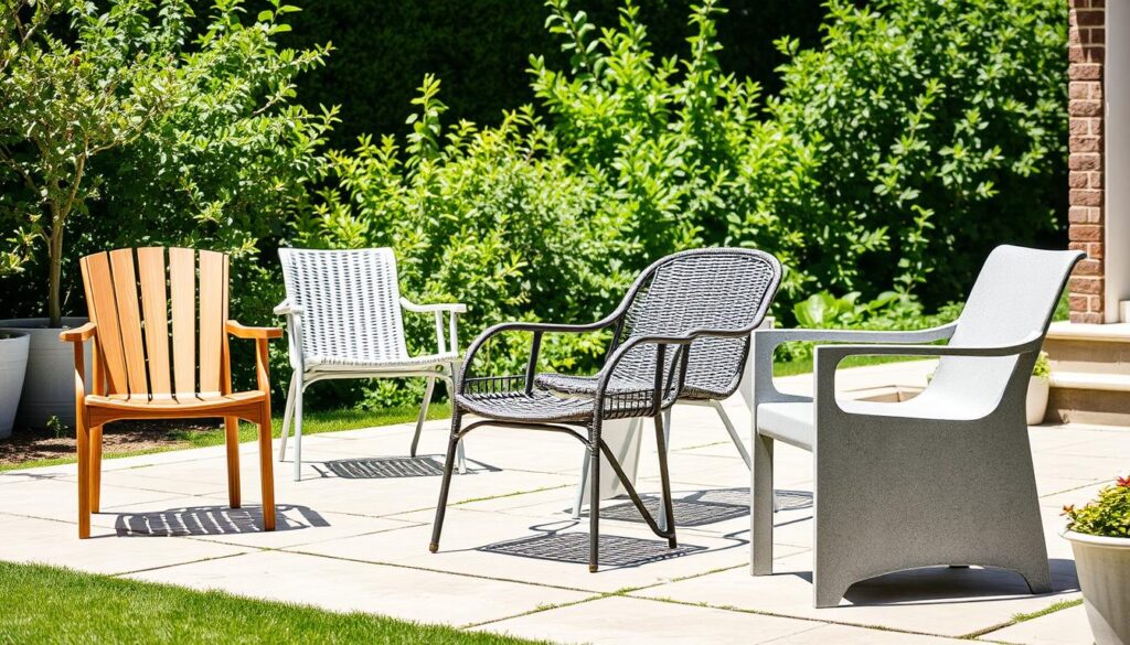 Verschillende tuinstoelen die buiten kunnen blijven staan in een zonnige tuin