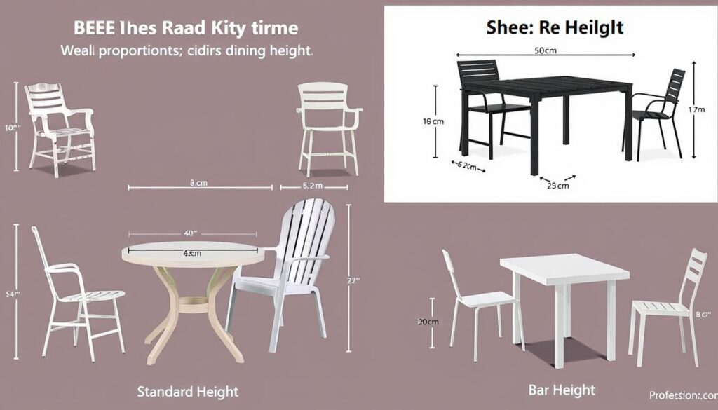 Verschillende tuinstoelen en tafels die de ideale verhoudingen tussen tuinstoel breedte en tafelhoogte tonen Verschillende tuinstoelen en tafels die de ideale verhoudingen tussen tuinstoel breedte en tafelhoogte tonen