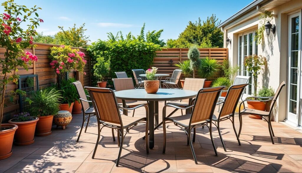 Verschillende tuinstoelen met variërende breedtes op een zonnig terras