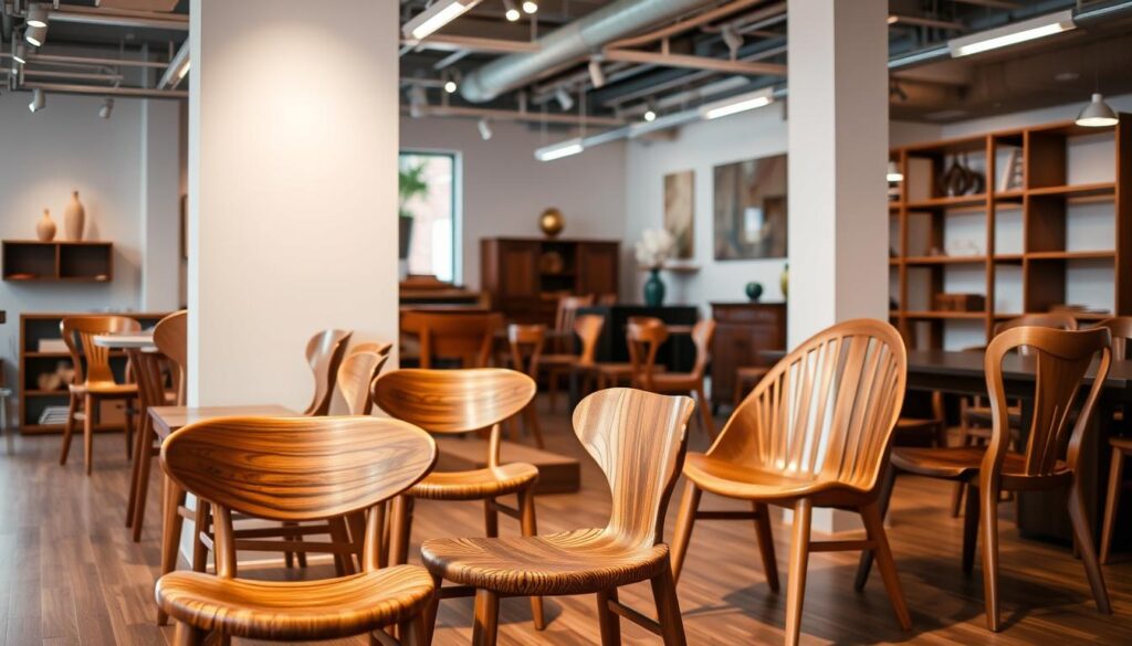 Verschillende walnoot houten eetkamerstoelen in een showroom Verschillende walnoot houten eetkamerstoelen in een showroom