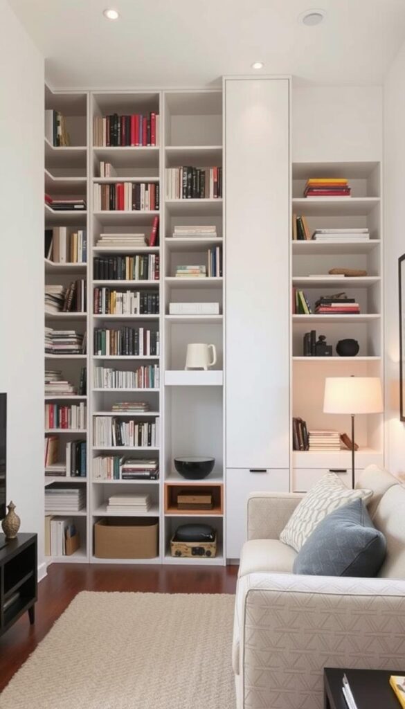 Verticale opbergruimte in een kleine woonkamer Verticale opbergruimte in een kleine woonkamer